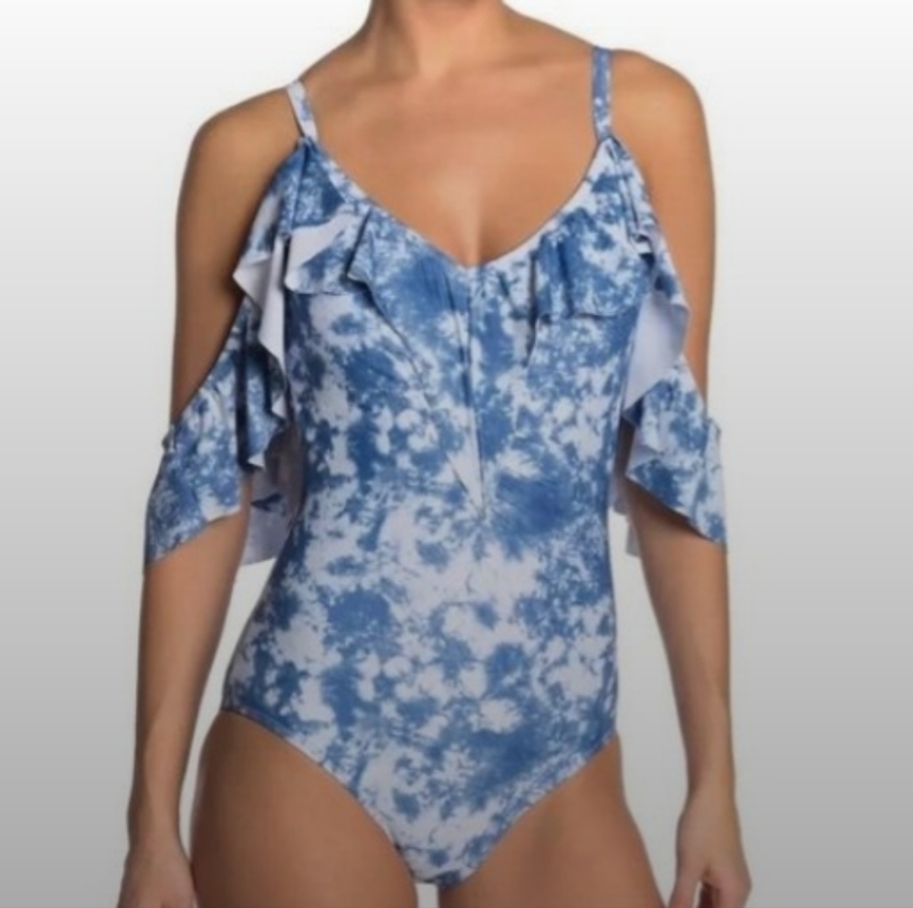 Nwot Nicole Miller Ruffle One Piece Swimsuit Size Small Blue & White